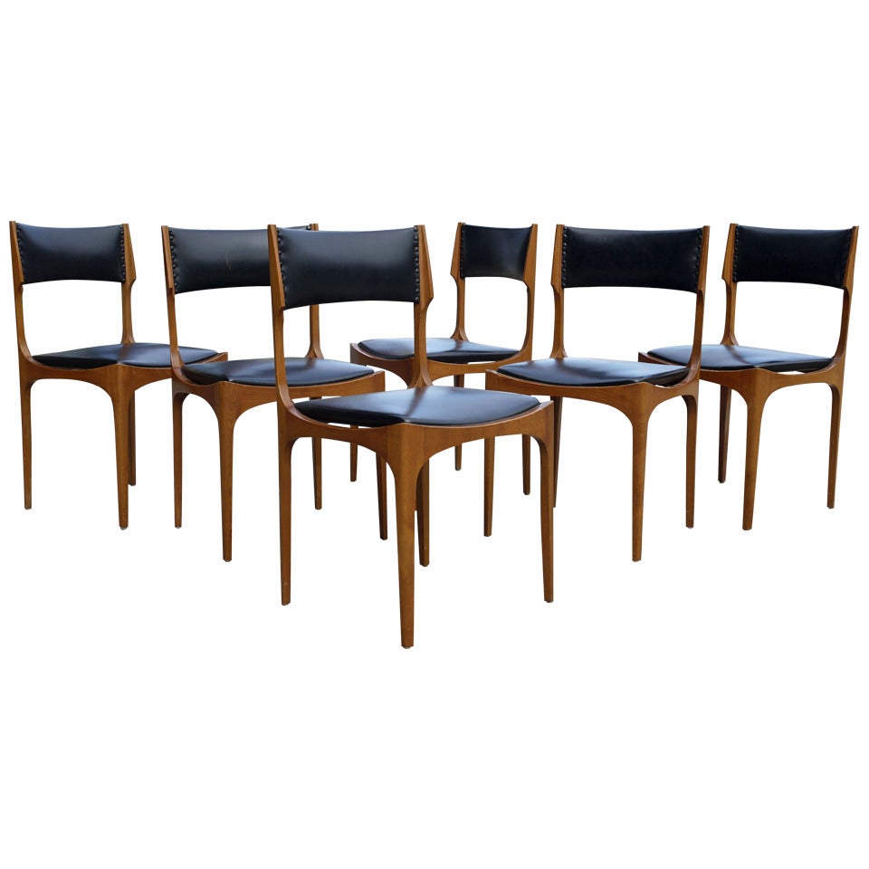 Sculptural Set of Six Italian Walnut and Leather Dining Chairs