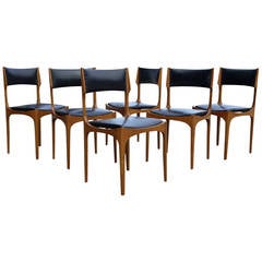 Sculptural Set of Six Italian Walnut and Leather Dining Chairs