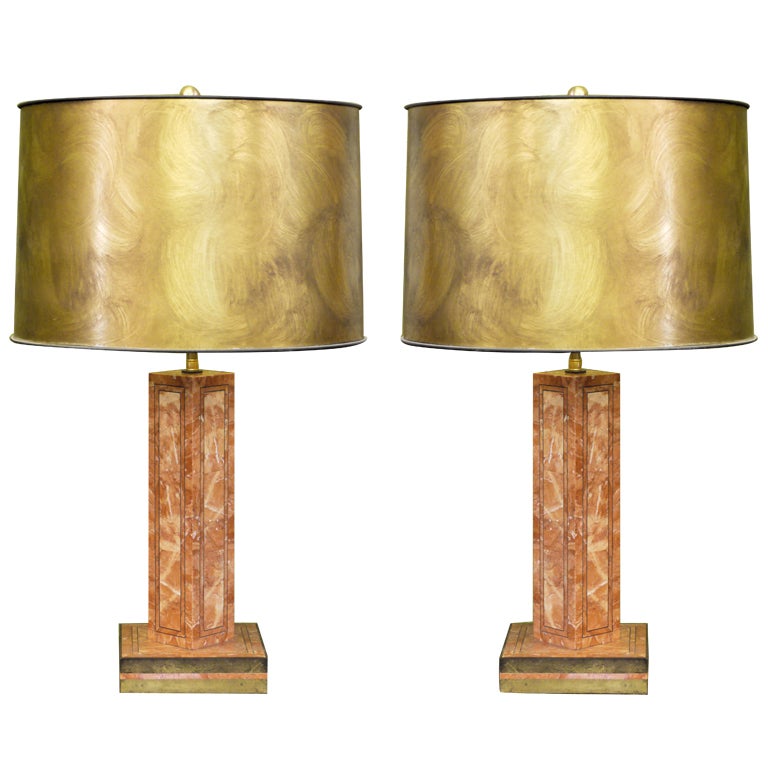 Pair of Maitland Smith Veneered Marble and Brass Lamps
