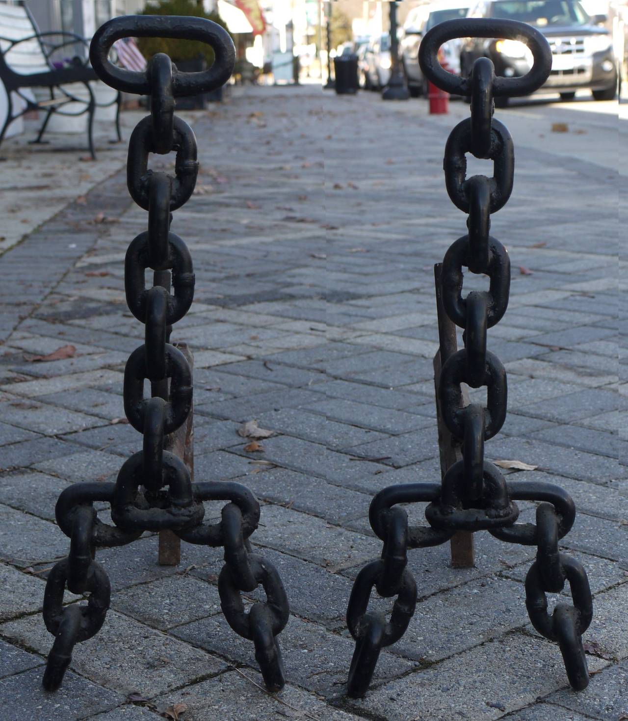 Wonderful folk art vintage pair of andirons constructed of welded chain.