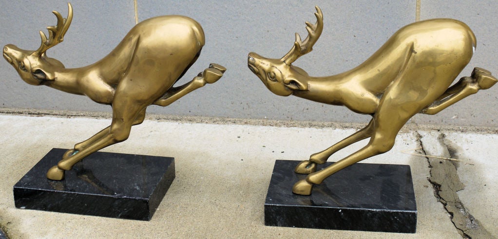 American Pair of Large Brass and Marble Leaping Deer Sculptures