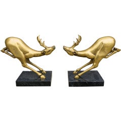 Vintage Pair of Large Brass and Marble Leaping Deer Sculptures