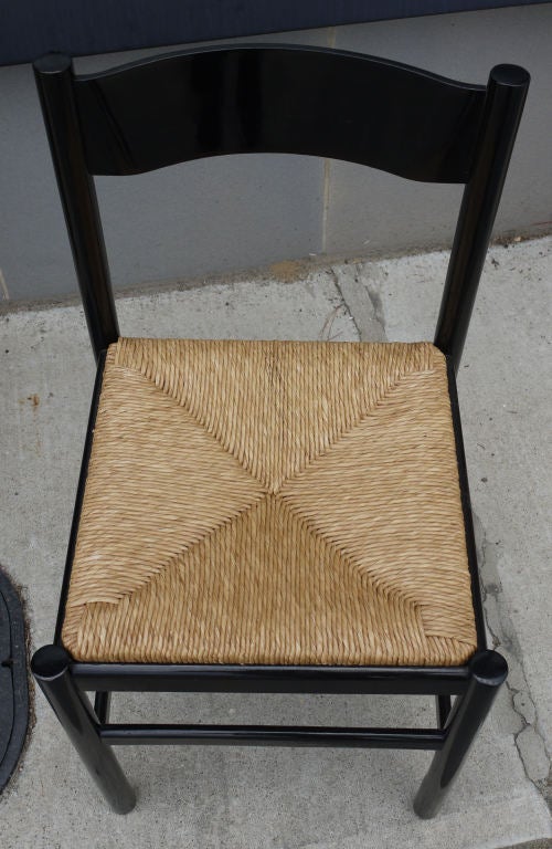 Set of 6 Black Lacquer and Rush Italian Chairs