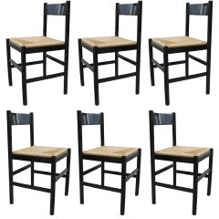 Set of 6 Black Lacquer and Rush Italian Chairs