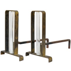 Brass and Lucite Andirons attributed to Jacques Adnet