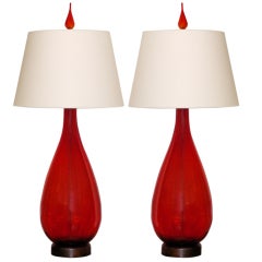 Retro Large Pair of Ruby Red Blenko Lamps