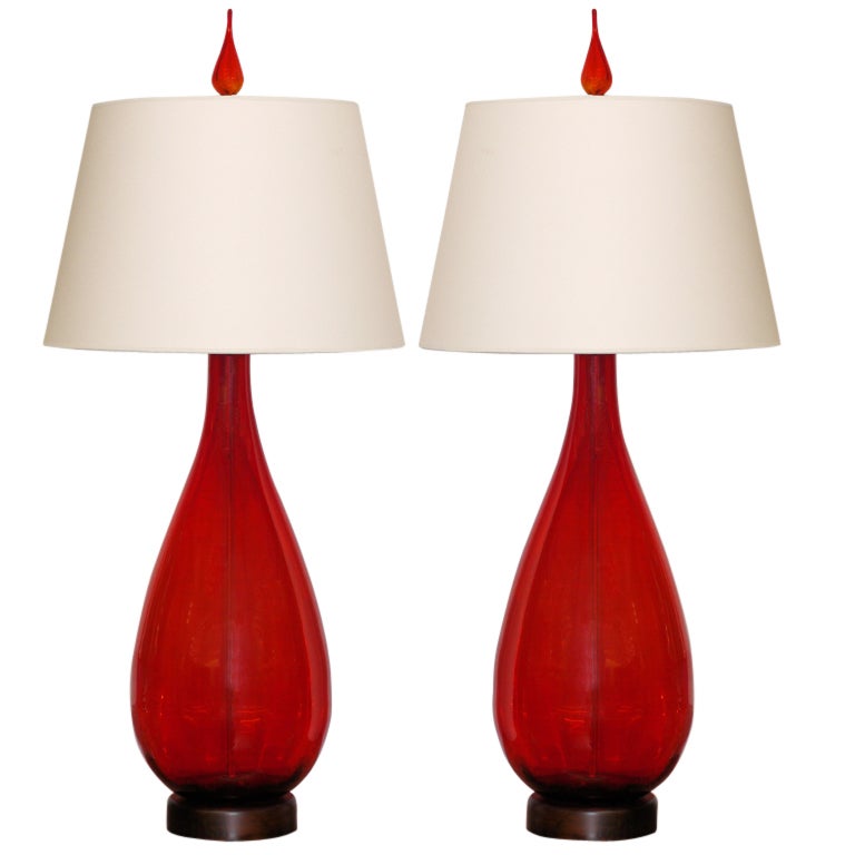 Large Pair of Ruby Red Blenko Lamps