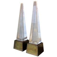 Rare Pair of Lucite and Brass Obelisk Lamps by Chapman