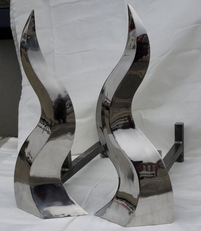 Stainless Steel Large Pair of Andirons by Curtis Norton For Sale