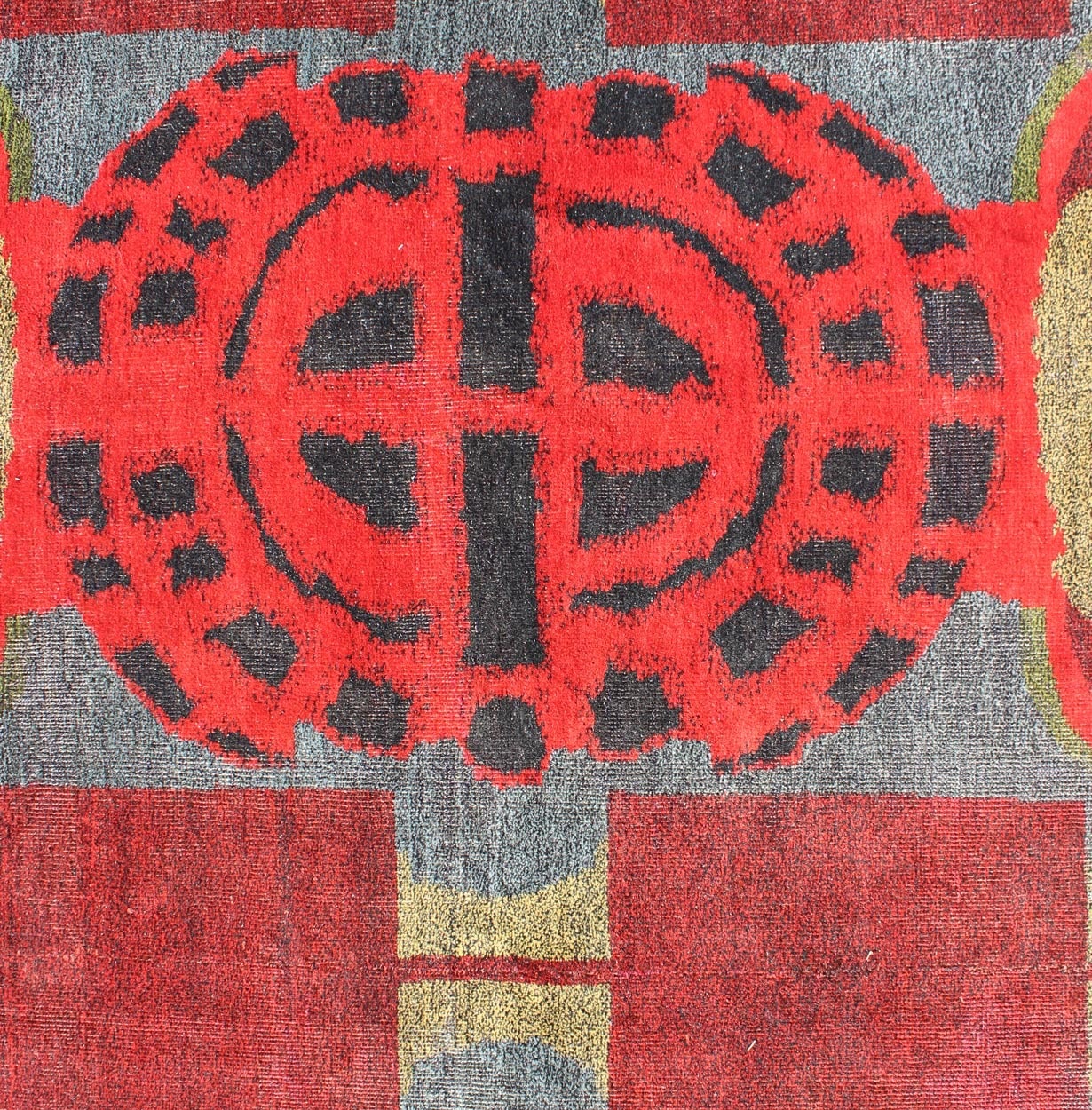 Turkish  Art Nouveau Design Rug from the Mid 20th Century in Red, Green, Blue & Black    For Sale