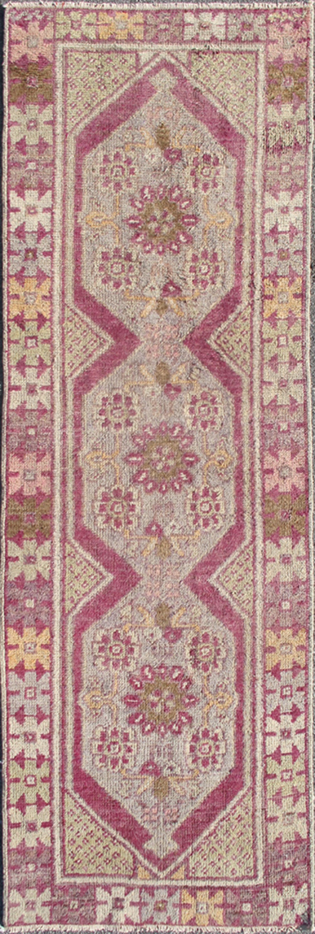 Vintage Turkish Oushak Runner with Purple, Green and Yellow Motifs