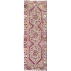 Vintage Turkish Oushak Runner with Purple, Green and Yellow Motifs