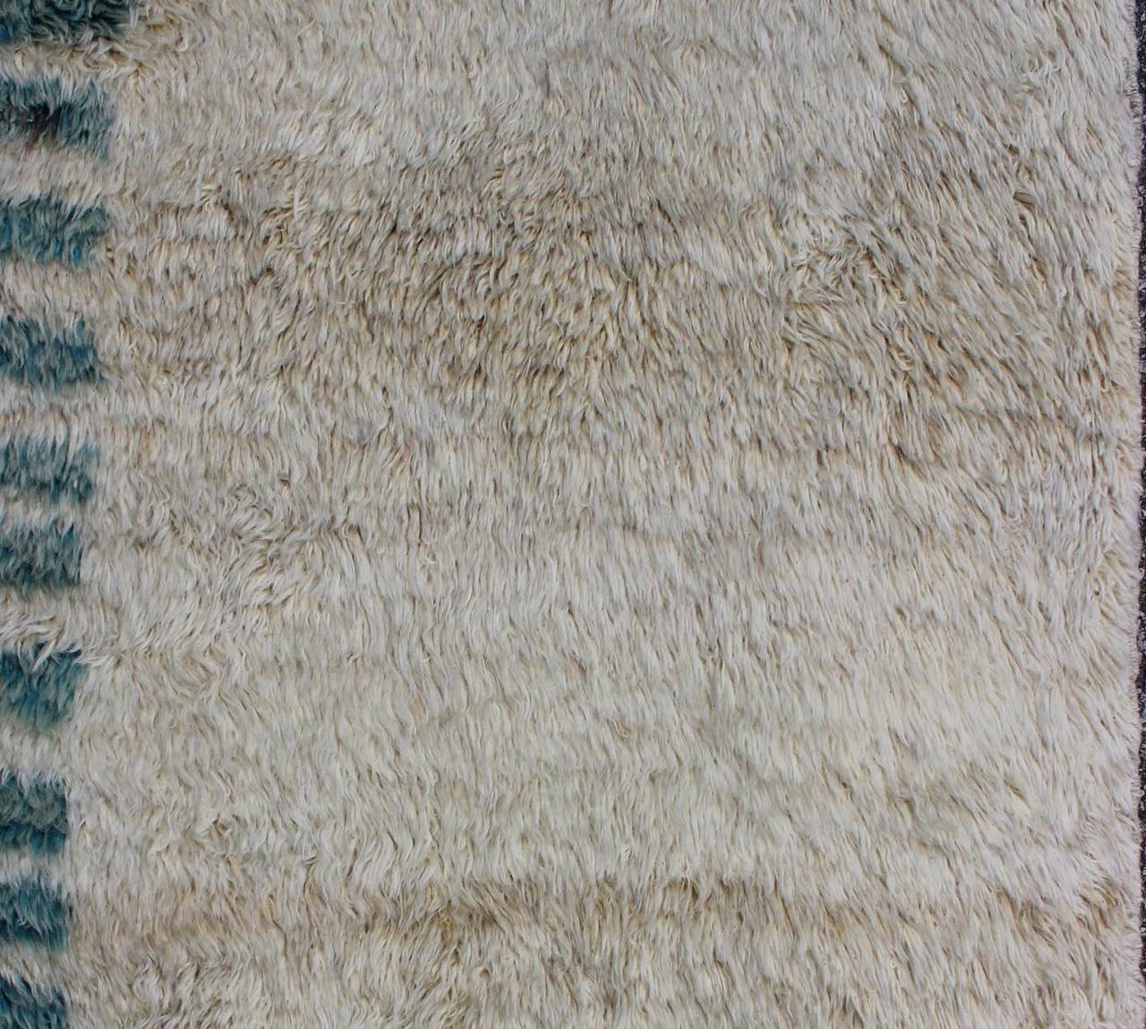 Hand-Knotted Unique Turkish Vintage Tulu Rug with Modern Design in Teal & Off White 