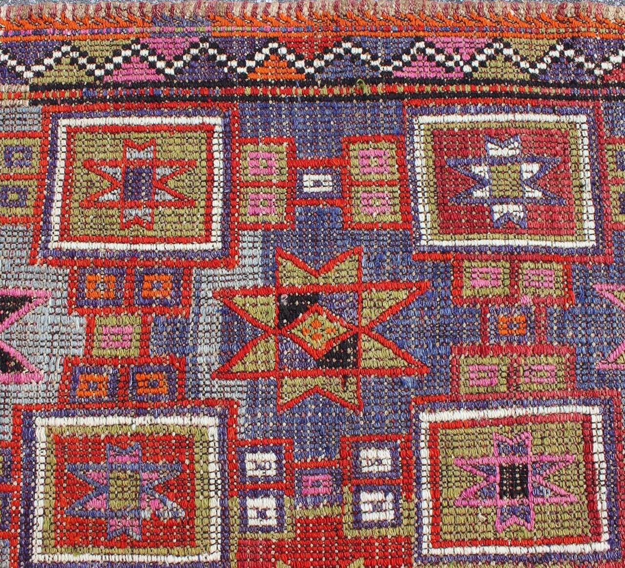 Turkish Vintage Embroidered Flat Weave Kilim Rug with Geometrics and Squared Design For Sale