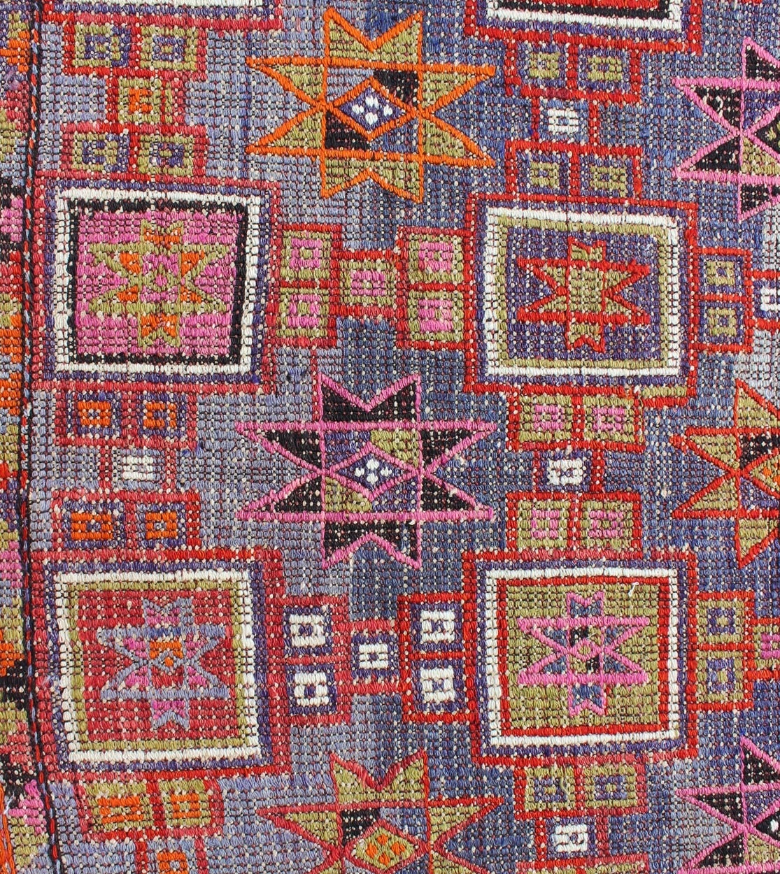 Hand-Knotted Vintage Embroidered Flat Weave Kilim Rug with Geometrics and Squared Design For Sale