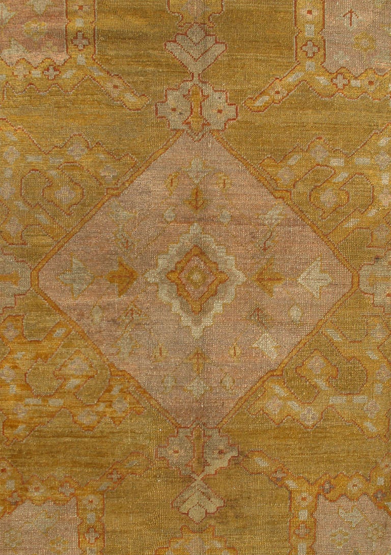 Squared Shape Antique Oushak Rug with Golden Green, Lavender and Pink