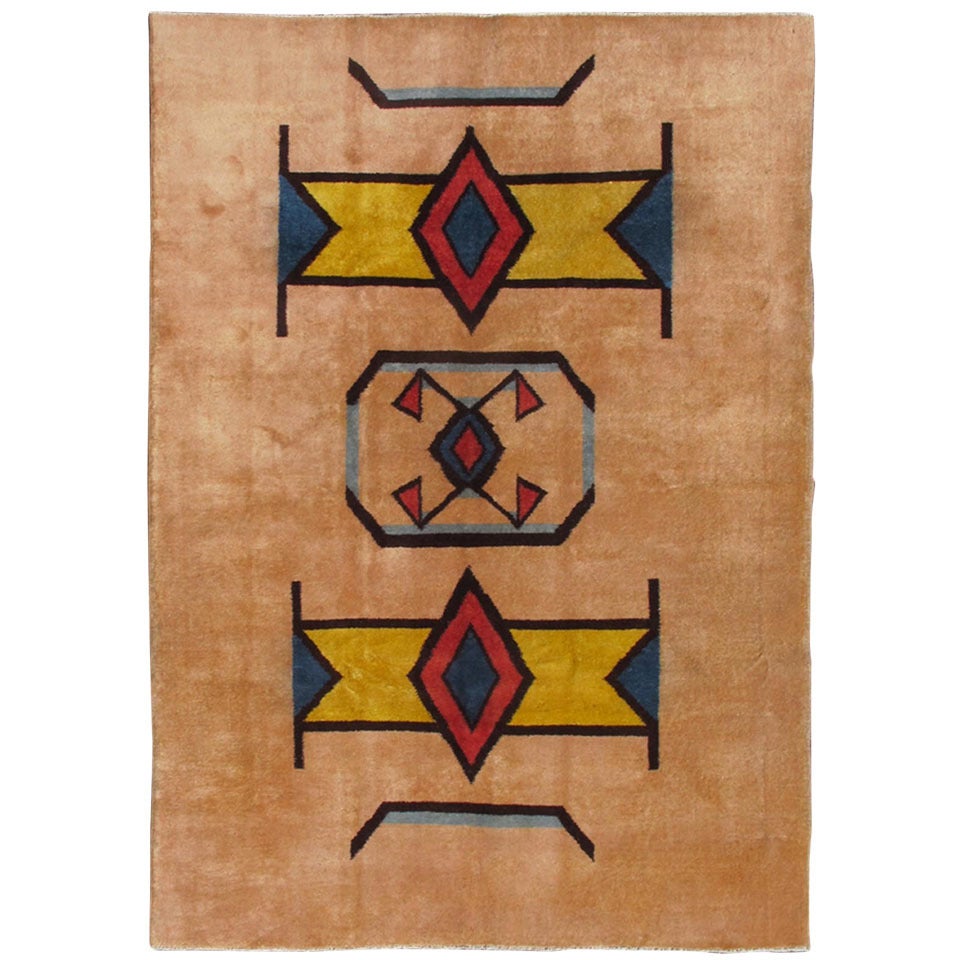 Geometrischer Mid-Century-Modern-Teppich mit Champaign-Hintergrund, Gold, Teal, Schwarz (Türkisch) im Angebot