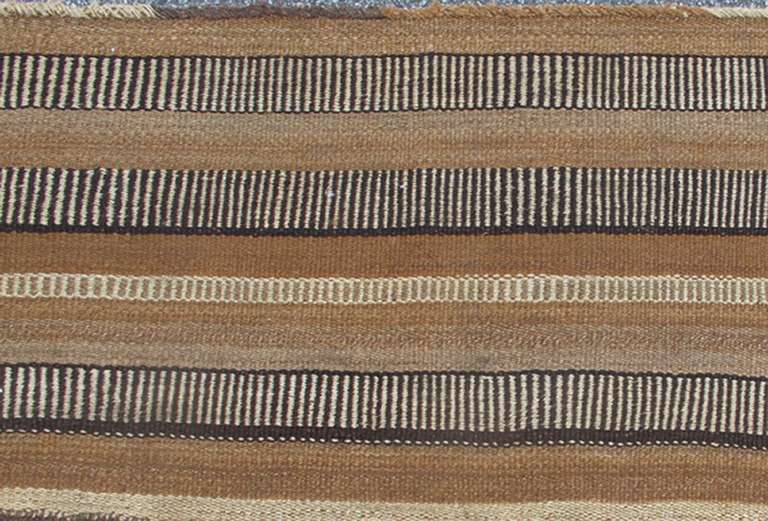 Turkish  Antique Kilim in Vertical Stripes in Gray, Light Brown, Black, Ivory and Camel 
