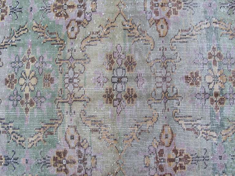 Hand-Knotted Distressed Turkish Rug with Mid-Century Modern Design in Light green For Sale