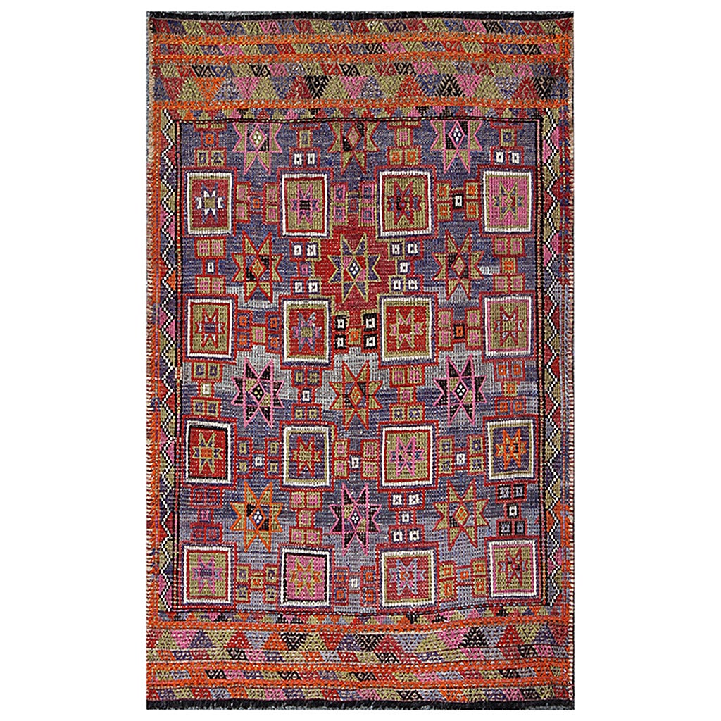 Tapis Kilim vintage brodé à tissage plat avec motifs géométriques et carrés en vente