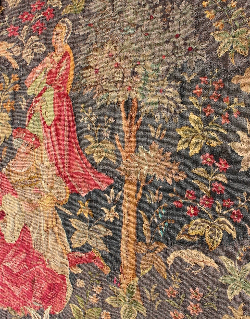 Antique French Tapestry in Gray Background and Vibrant Colors In Excellent Condition For Sale In Atlanta, GA