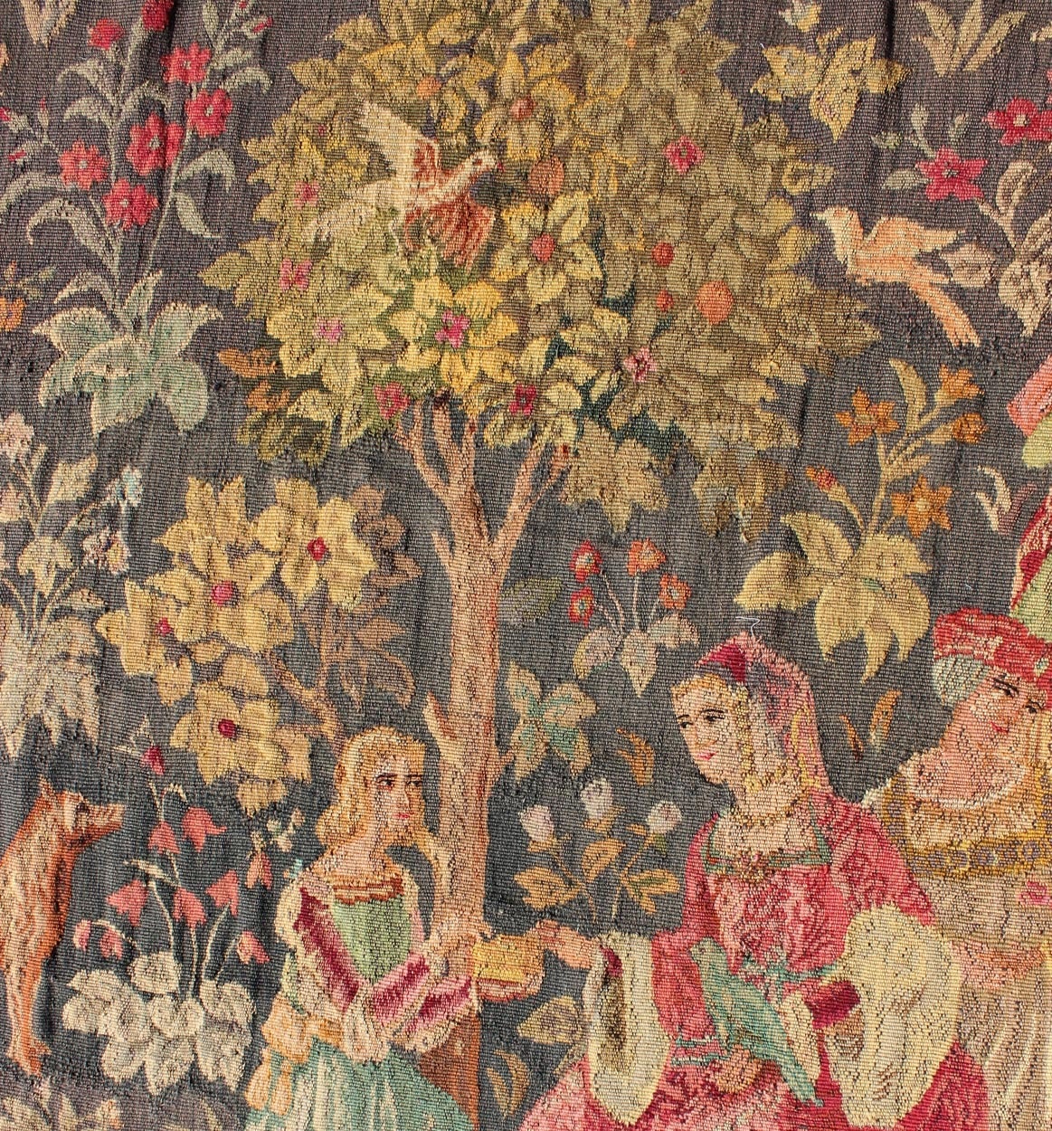 Early 20th Century Antique French Tapestry in Gray Background and Vibrant Colors For Sale