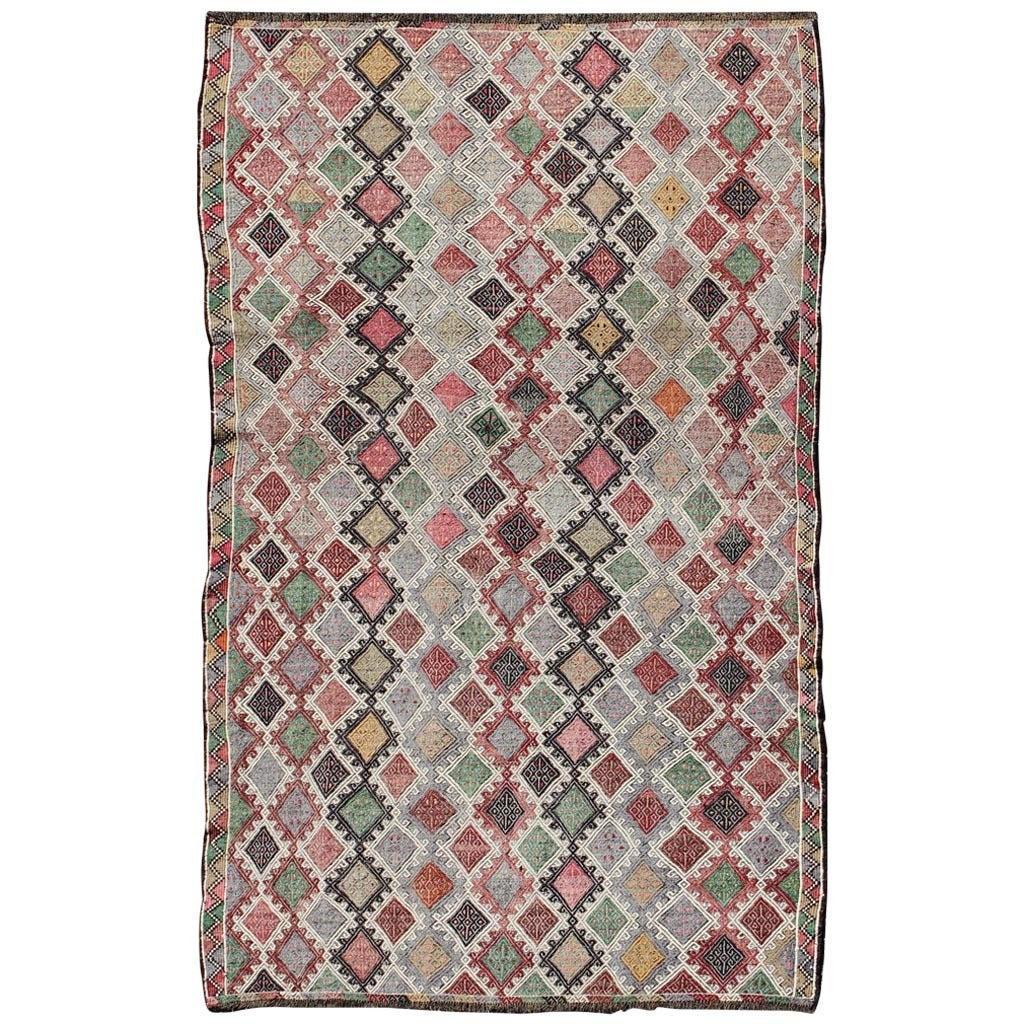 Embroidered FlatWeave Rug in All Over Diamond Pattern and Multi Colors
