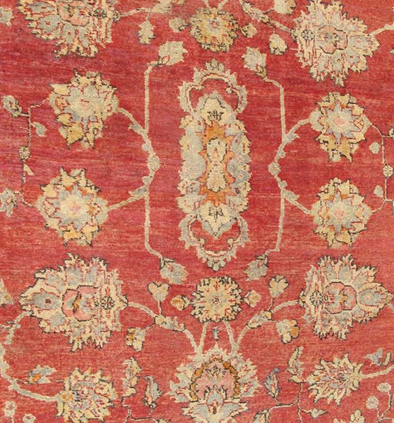 Antique Turkish Oushak Rug in Red Background, Gray Border, Yellow and Green  2