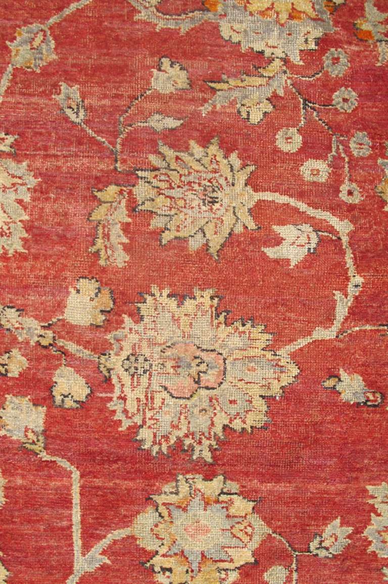 Antique Turkish Oushak Rug in Red Background, Gray Border, Yellow and Green  In Good Condition In Atlanta, GA