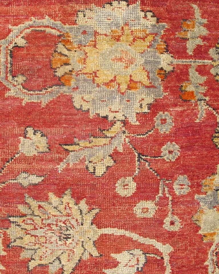 20th Century Antique Turkish Oushak Rug in Red Background, Gray Border, Yellow and Green 