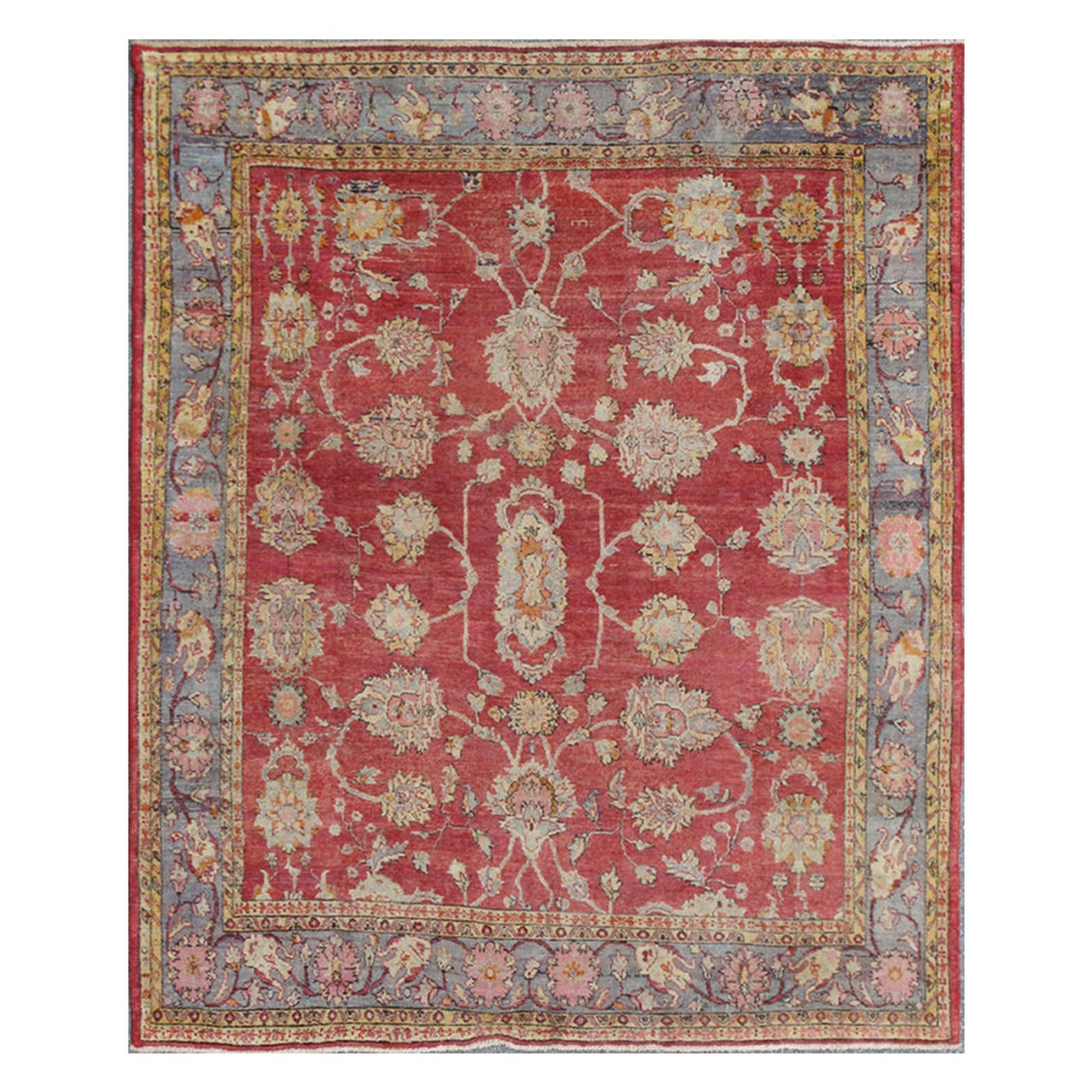 Antique Turkish Oushak Rug in Red Background, Gray Border, Yellow and Green 