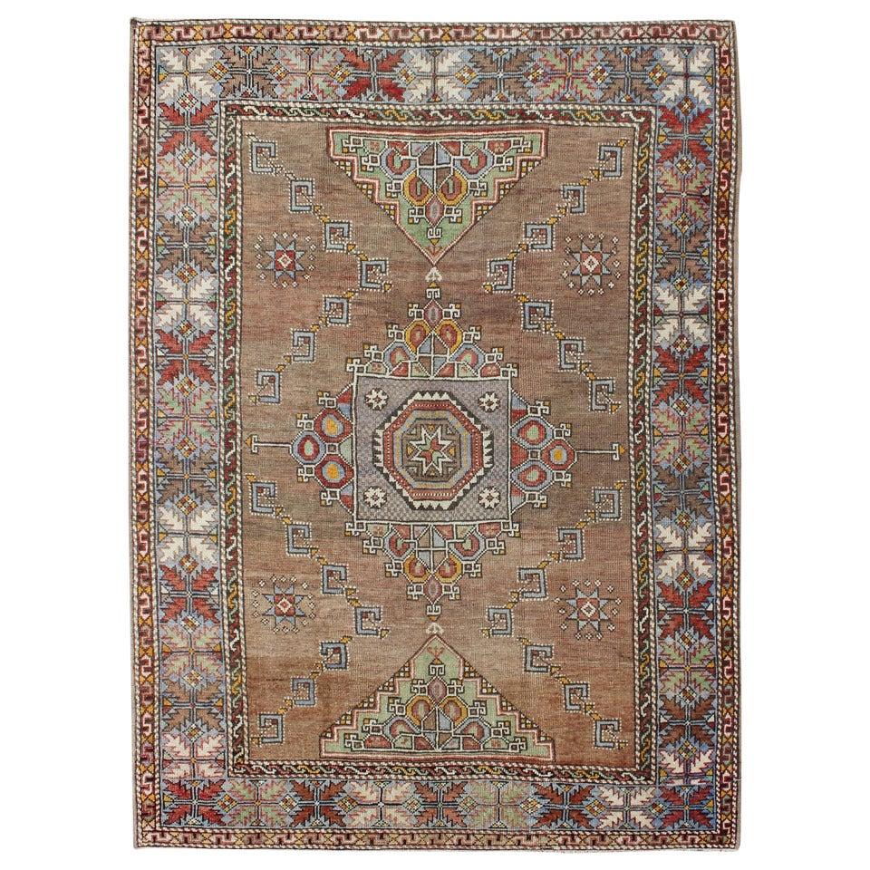 Turkish Oushak rug in Light Brown, Camel, Light Blue, Light Green, Taupe and Red