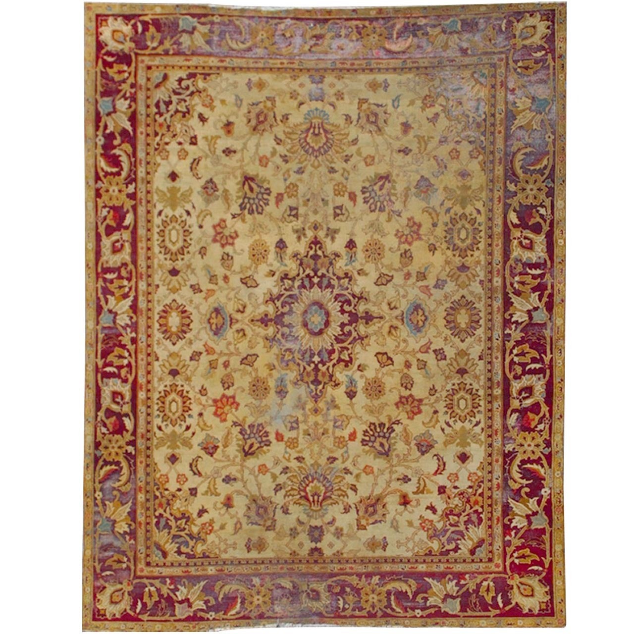 Unique Antique Indian Arga Carpet with Intricate Design and Saturated Colors