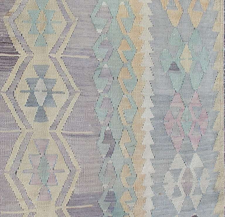 Turkish Large Vintage Kilim in Light Purple, Lavender, Turquoise, Gray & Butter Yellow 