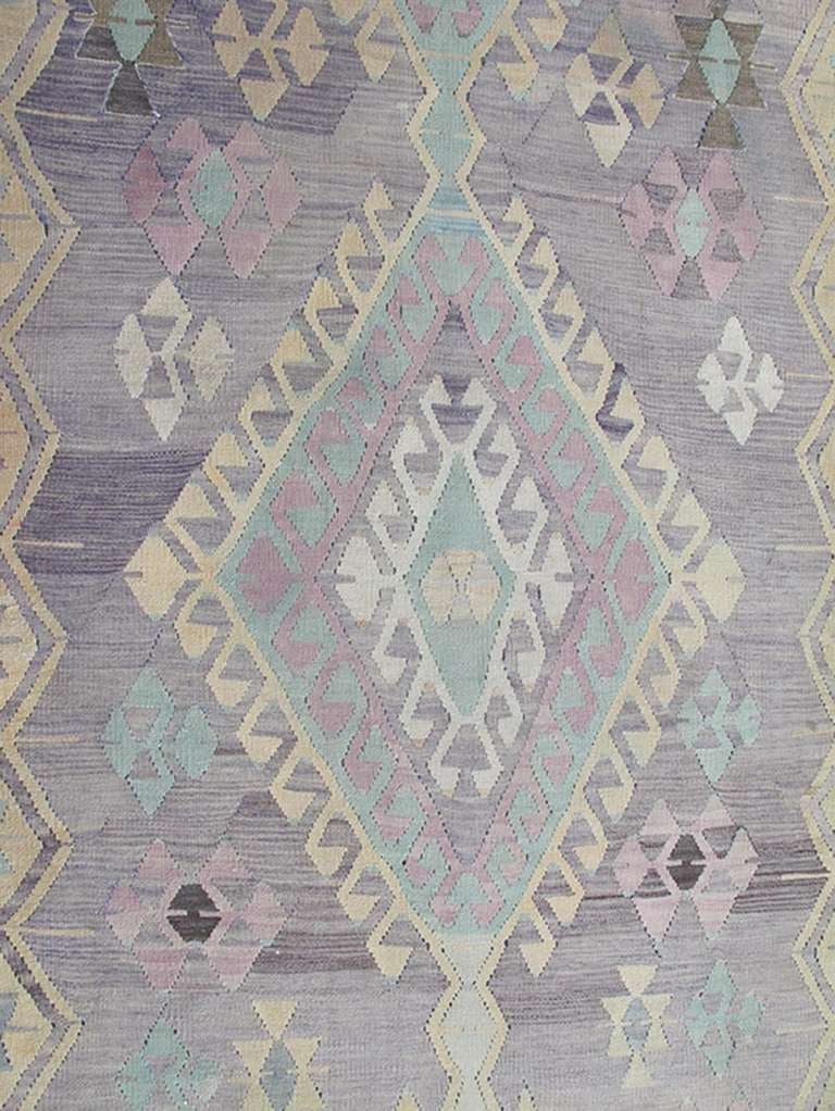 Wool Large Vintage Kilim in Light Purple, Lavender, Turquoise, Gray & Butter Yellow 