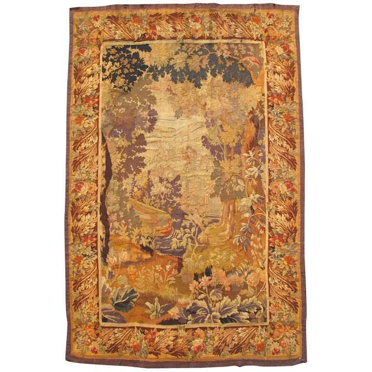 Colorful Antique French Tapestry with Pictorial and Scenic Design