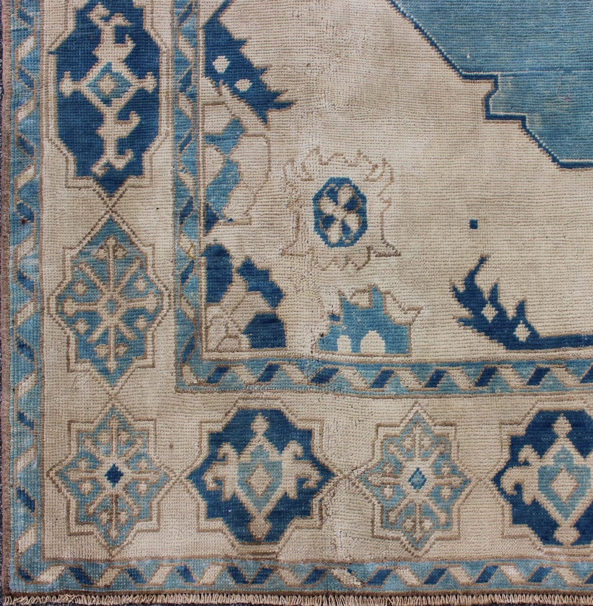 Oushak Vintage Turkish Rug with Central Medallion in Sky Blue, Ivory and Cream Tones