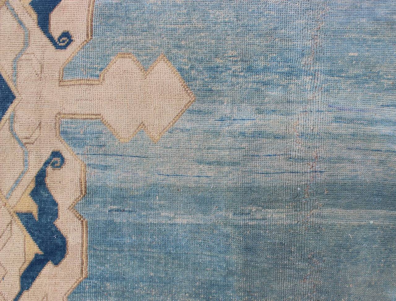 Vintage Turkish Rug with Central Medallion in Sky Blue, Ivory and Cream Tones 2