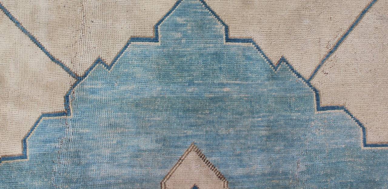 20th Century Vintage Turkish Rug with Central Medallion in Sky Blue, Ivory and Cream Tones