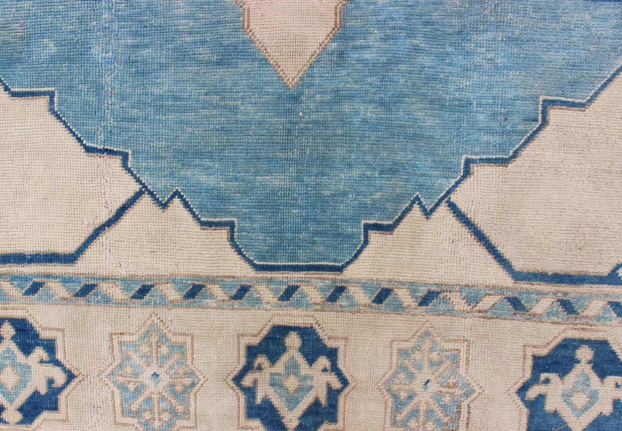 Vintage Turkish Rug with Central Medallion in Sky Blue, Ivory and Cream Tones 1