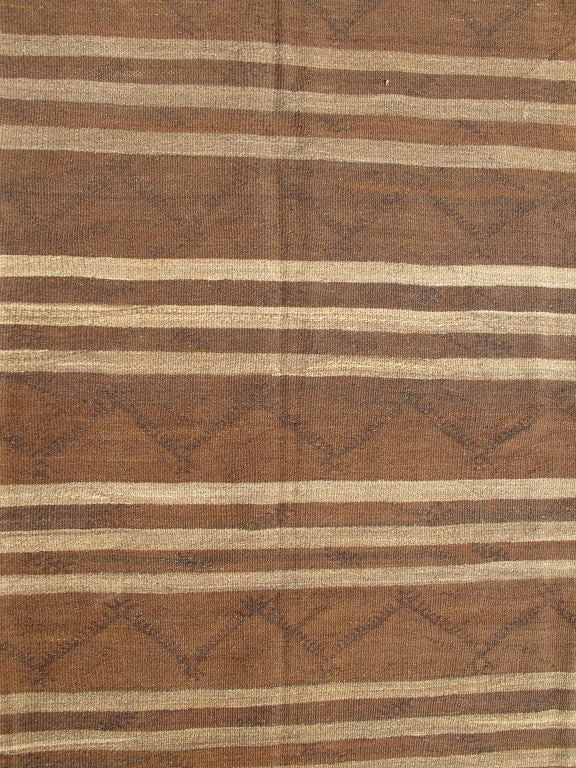 Mid-20th Century Vintage Turkish Kilim Carpet with Taupe Stripes and Brown Zig-Zag Pattern