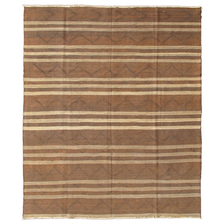 Vintage Turkish Kilim Carpet with Taupe Stripes and Brown Zig-Zag Pattern