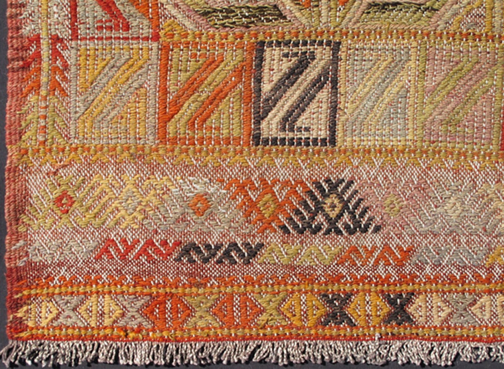 Embroidered Jajeem Kilim Flat Weave rug Orange, Red, Lavender, Charcoal, Green