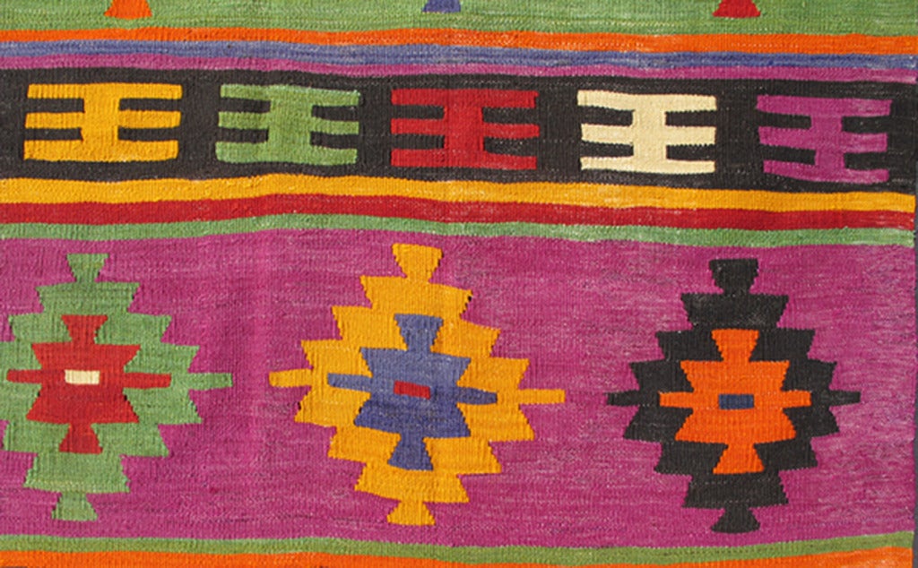 Colorful and Vibrant Turkish Vintage Kilim Rug with Repeating Diamond Pattern In Excellent Condition For Sale In Atlanta, GA