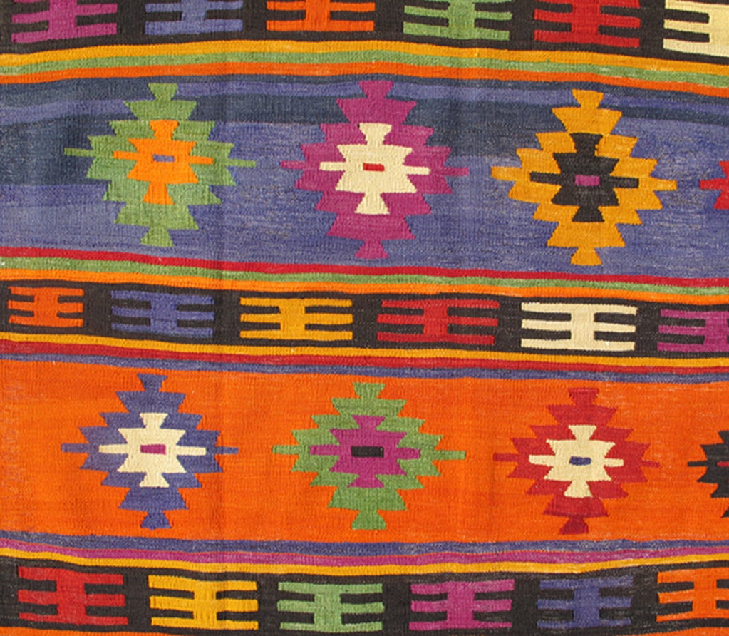 Colorful and Vibrant Turkish Vintage Kilim Rug with Repeating Diamond Pattern In Good Condition For Sale In Atlanta, GA