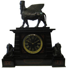 Antique Egyptian Revival Bronze and Marble French Mantel Clock