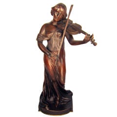Antique WOMAN WITH VIOLA in BRONZE, signed M. FAHNRICHOG