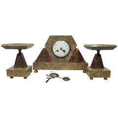 French Art Deco Marble and Bronze Clock Set