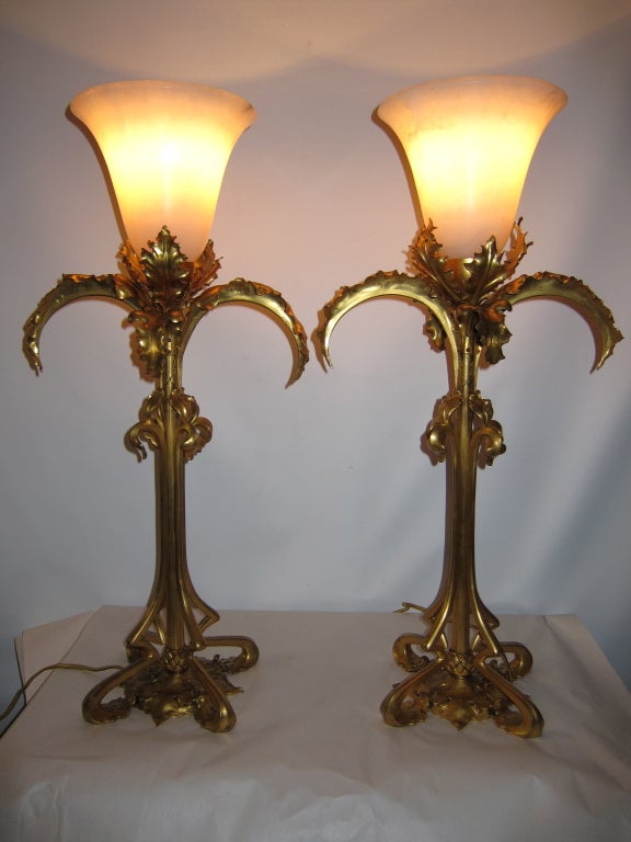 Dore' Bronze and Alabaster Art Nouveau Period Lamps