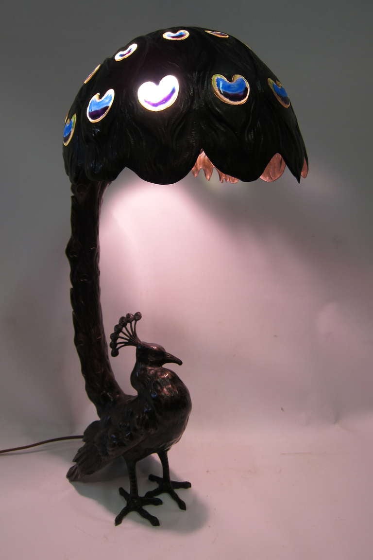 Art Nouveau Bronze Peacock Lamp, circa 1920